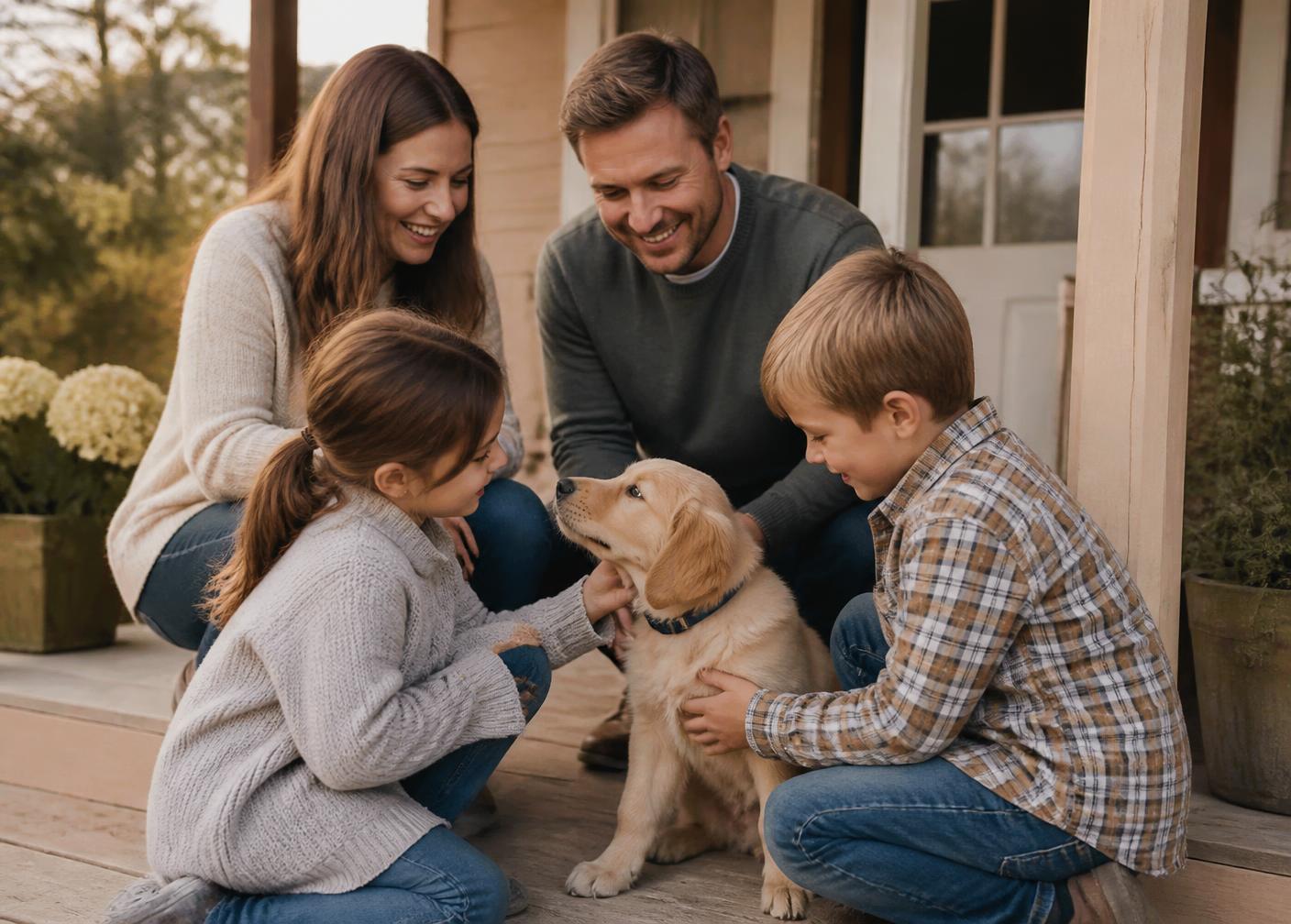 A family greeting their new golden retriever puppy on a porch