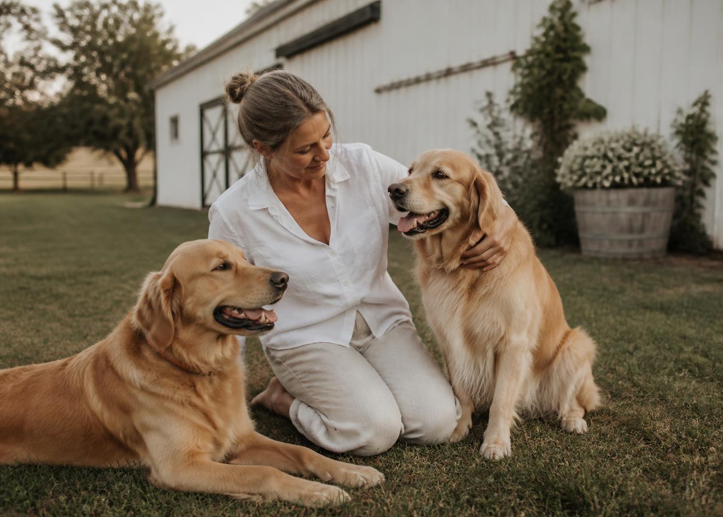 Breeder kneeling between two adult golden retrievers beside a white barn